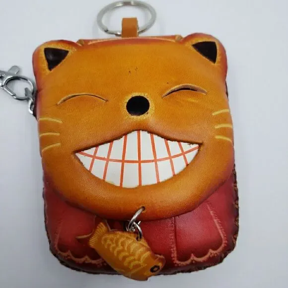 Lucky Cat Coin Purse Leather Maneki Neko Wallet Keychain Fish Charm - Picture 2 of 14